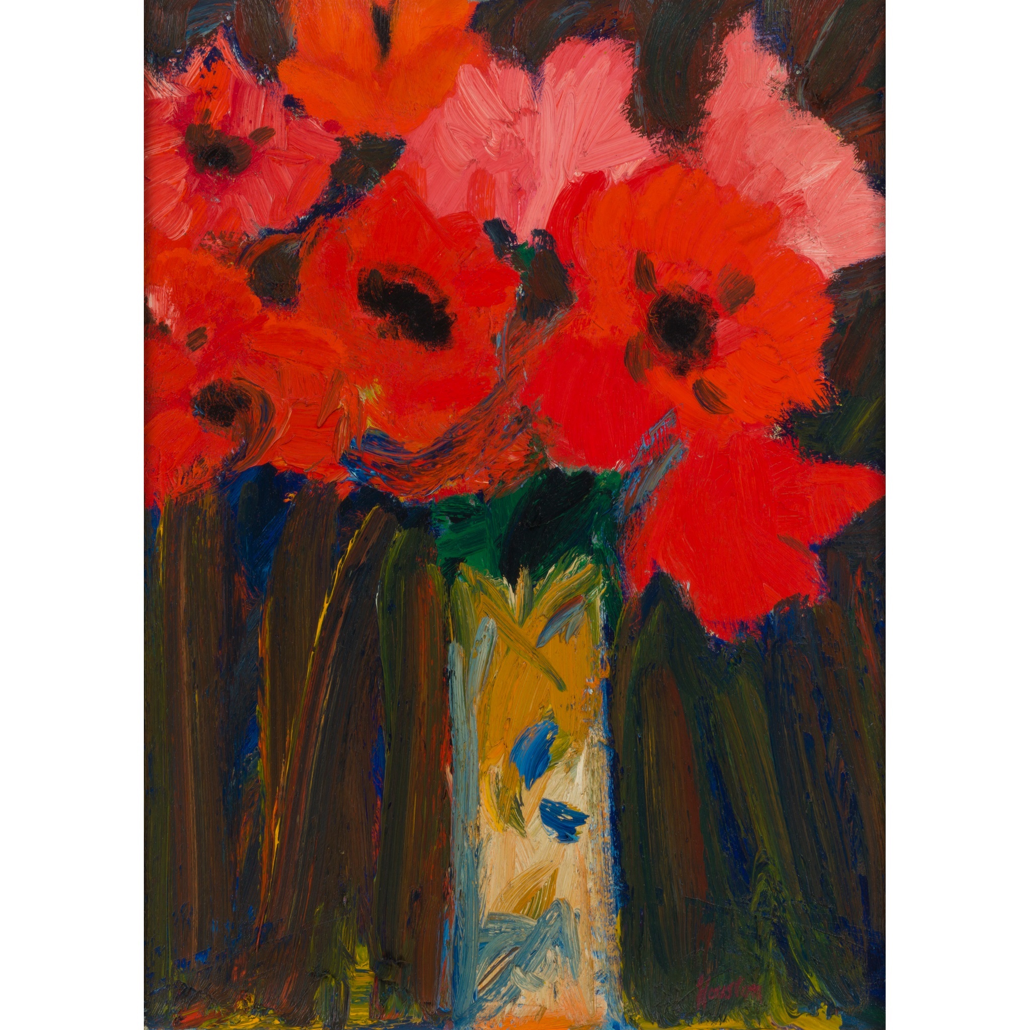JOHN HOUSTON R.S.A., R.S.W., S.S.A. (SCOTTISH 1930-2008) | ORIENTAL POPPIES 1 Signed, signed, inscribed and dated on the stretcher 1984, oil on canvas | 51cm x 41cm (20in x 16in) | Exhibited: Mercury Gallery, London 1986; Dr. Ruth Page until 2015 | Sold for £10,625 + fees